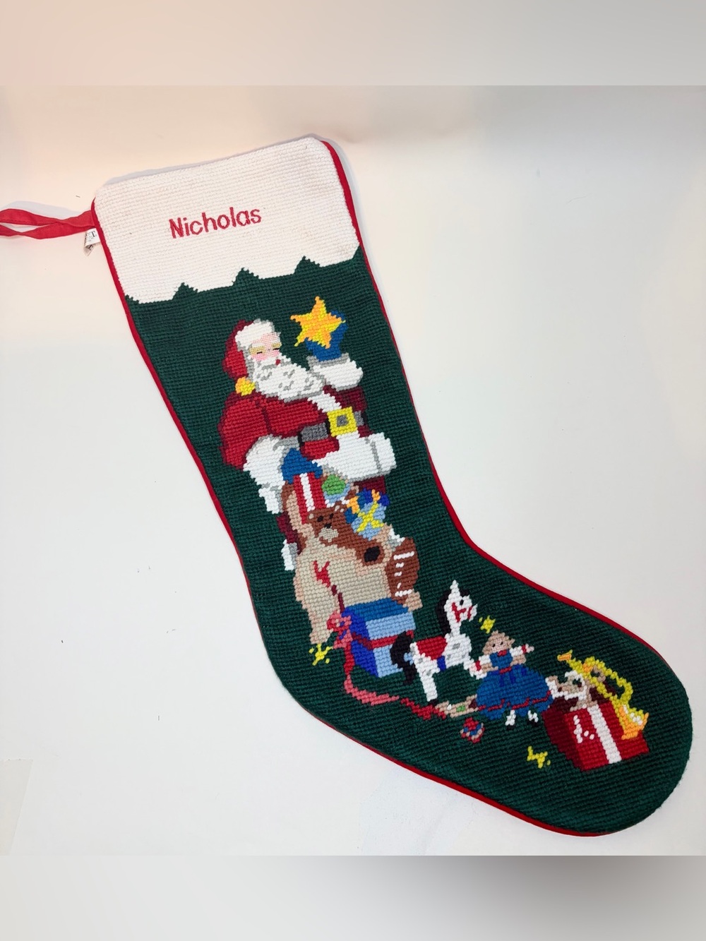 Vintage Midwest Importers Santa Needlepoint Stocking "Nicholas"
